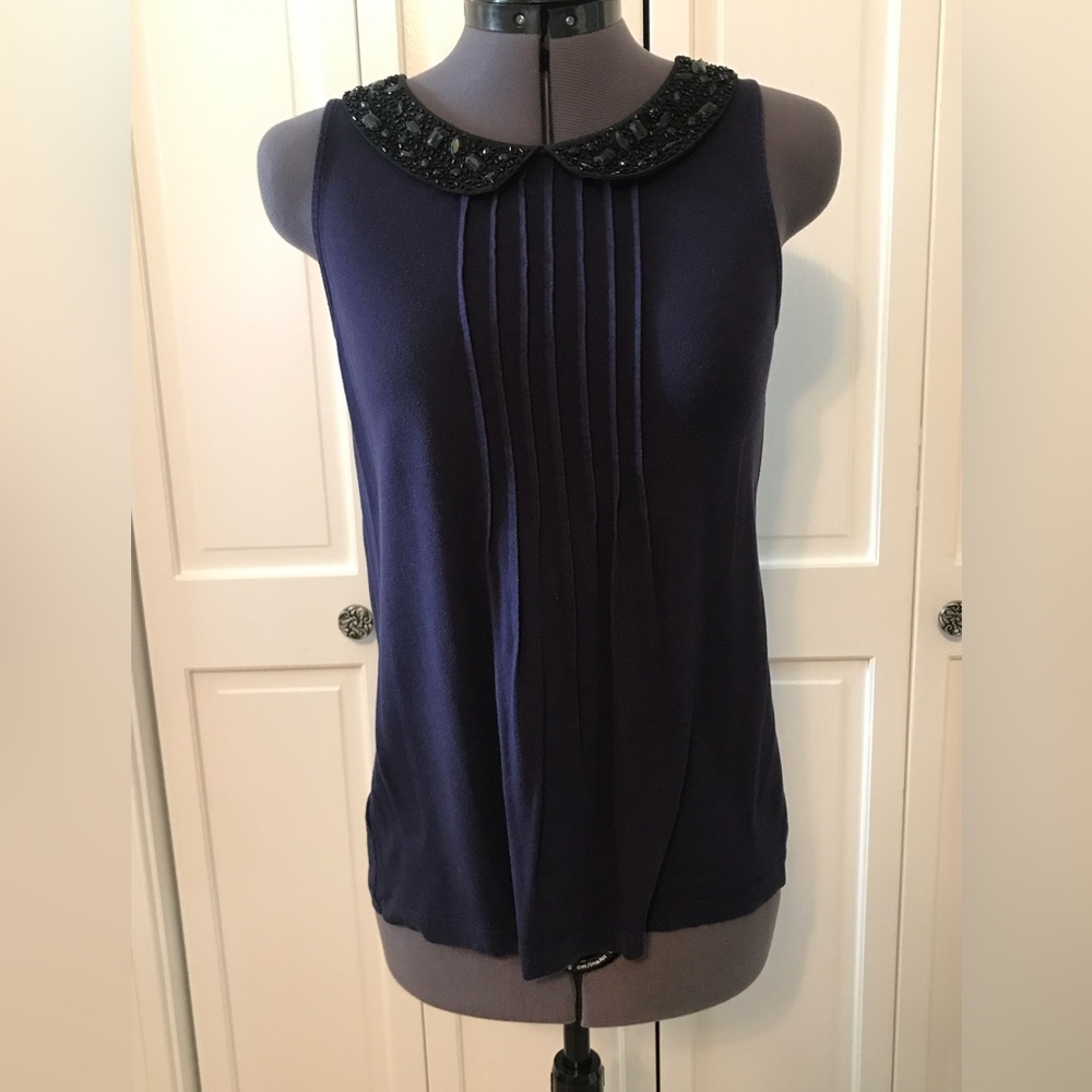 Ann Taylor LOFT small blue knit top with black beaded collar